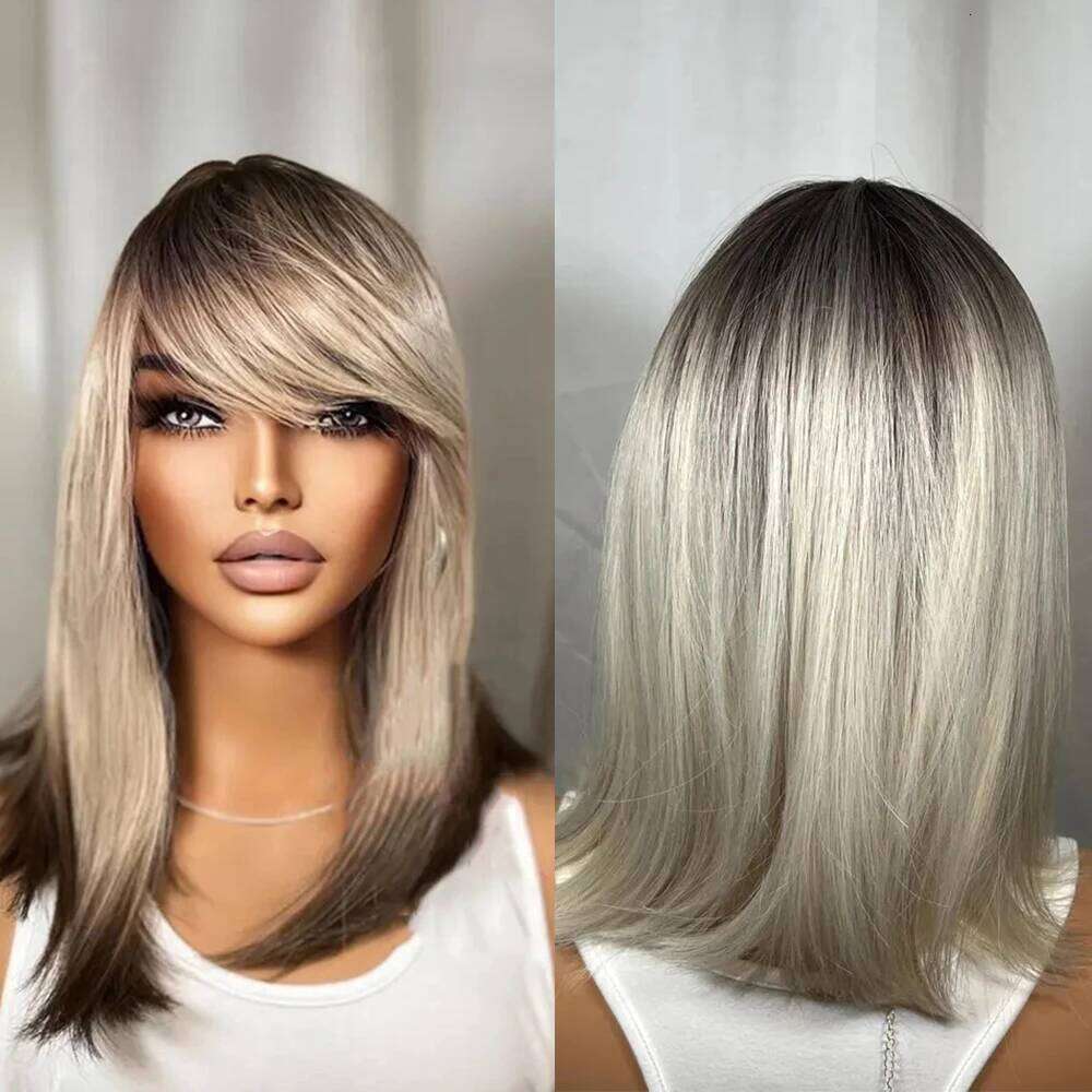 Platinum Blonde Short Dark Roots Premium Heat Resistant Synthetic Fibers Glueless with Bangs Woman Gift Wig