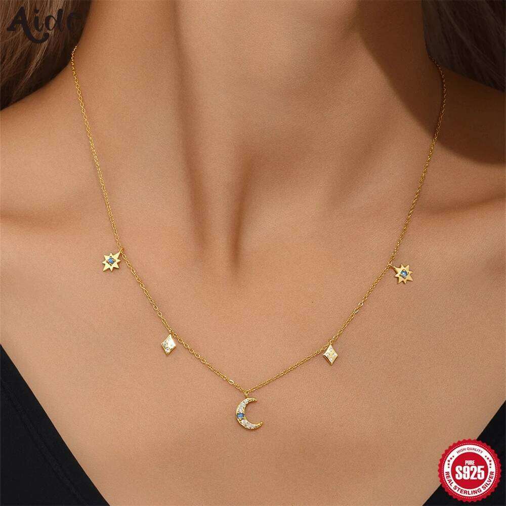 Aide 925 Sterling Silver Moon Star Pendant Necklace Women Delicate Birthday Gift Shiny Zircon Paperclip Links Fine Jewelry 1pc