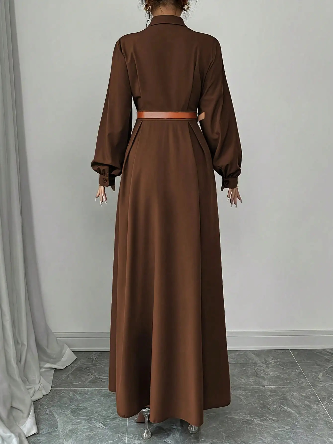 Womens Elegant Long Lantern Sleeve Office Dress Fashion Pleated ALine Maxi Dresses Autumn Casual Shirt Vestidos 251231