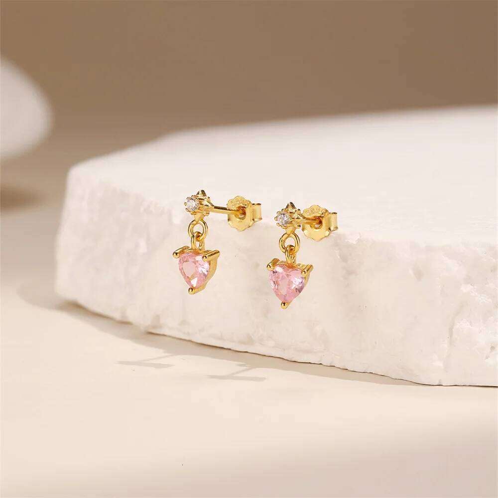 Aide 925 Sterling Silver Six-Pointed Star Zircon Pink Heart Pendant Earrings for Women Dangle Stud Valentine's Day Jewelry
