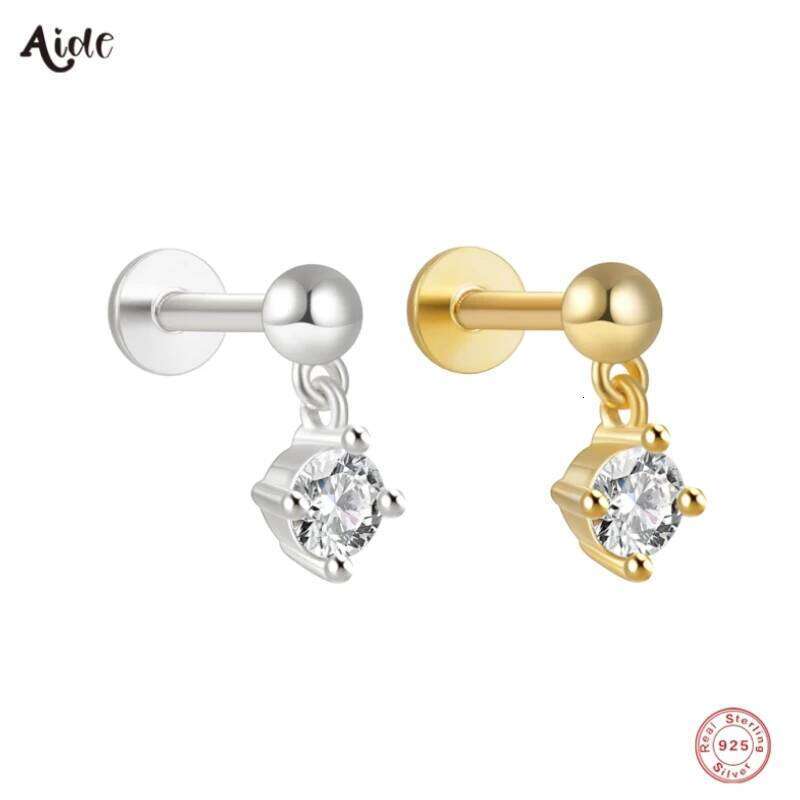 Aide 925 Sterling Silver Dangling Zircon Gold Chain Drop Earrings For Women Piercing Flat Screw-Back Minimalist Jewelry Gift
