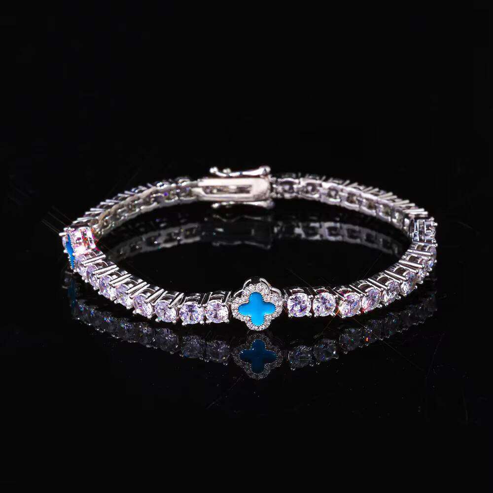 VVS Moissanite NUOYA Fine Hiphop Jewelry Women Choker Iced Out CZ Tennis Chain Four Leaf Clover Design Gold Plated Bracelet