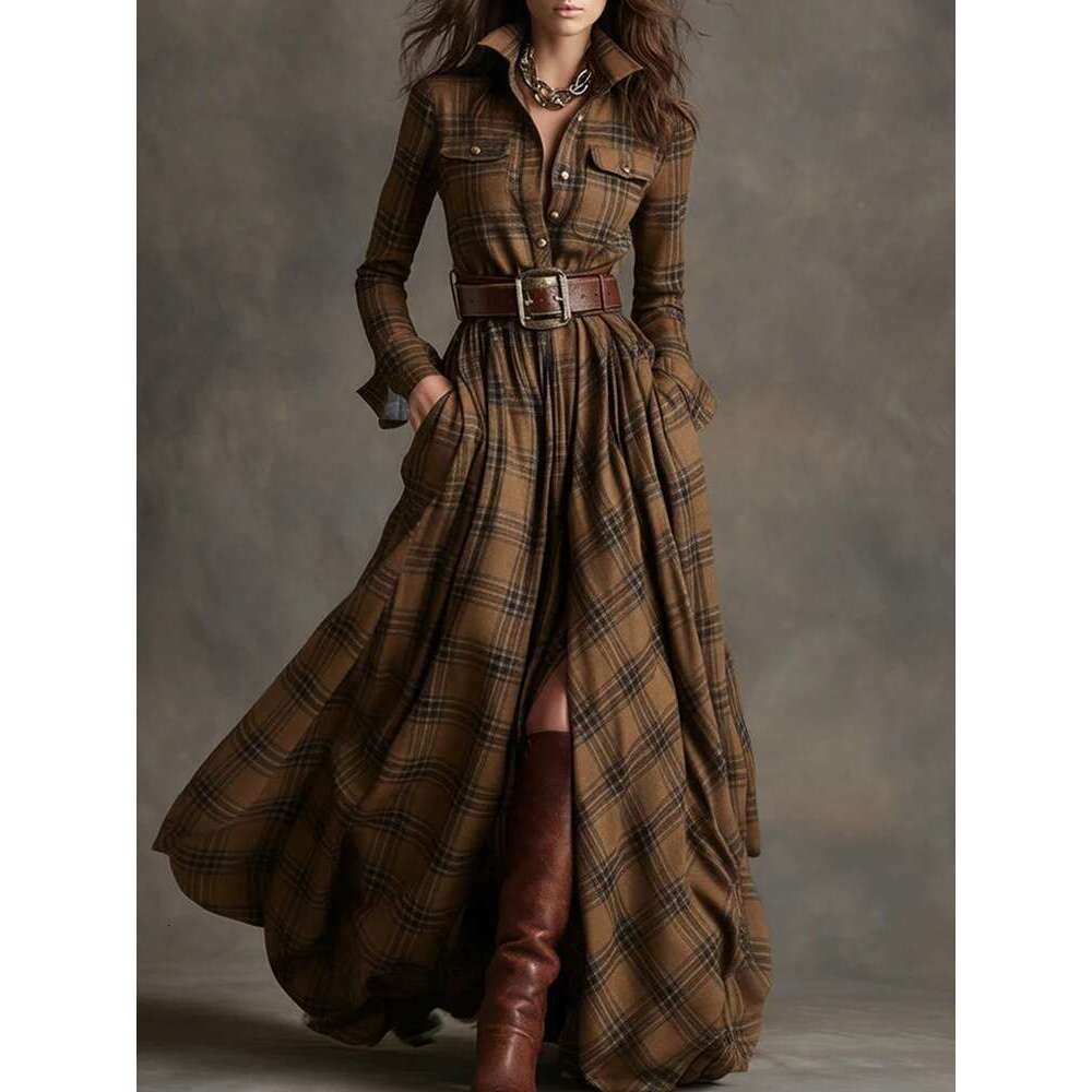 Plus Size Women's French Retro Plaid Slimming Irregular European and American New Design Dress