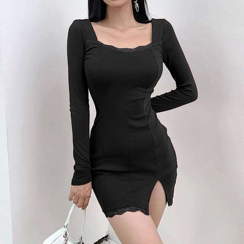 Autumn and Winter Women's Sexy Lace Patch Long Sleeve Split Hip Packaging Mini Party Club Low cut Dress