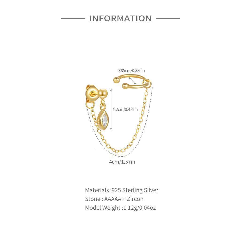 Aide 925 Sterling Silver 1pc Gold Ear Cuff With Waterdrop Tassel Chain Piercing Stud Earrings For Women Simple Fine Jewelry Gift