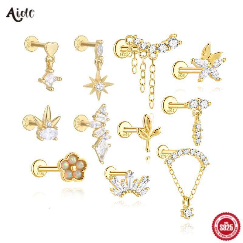 Aide 925 Sterling Silver 1pc Geometry Tassel Chain With Zirconia Stud Earrings For Women Hypoallergic Fine Jewelry Pendientes