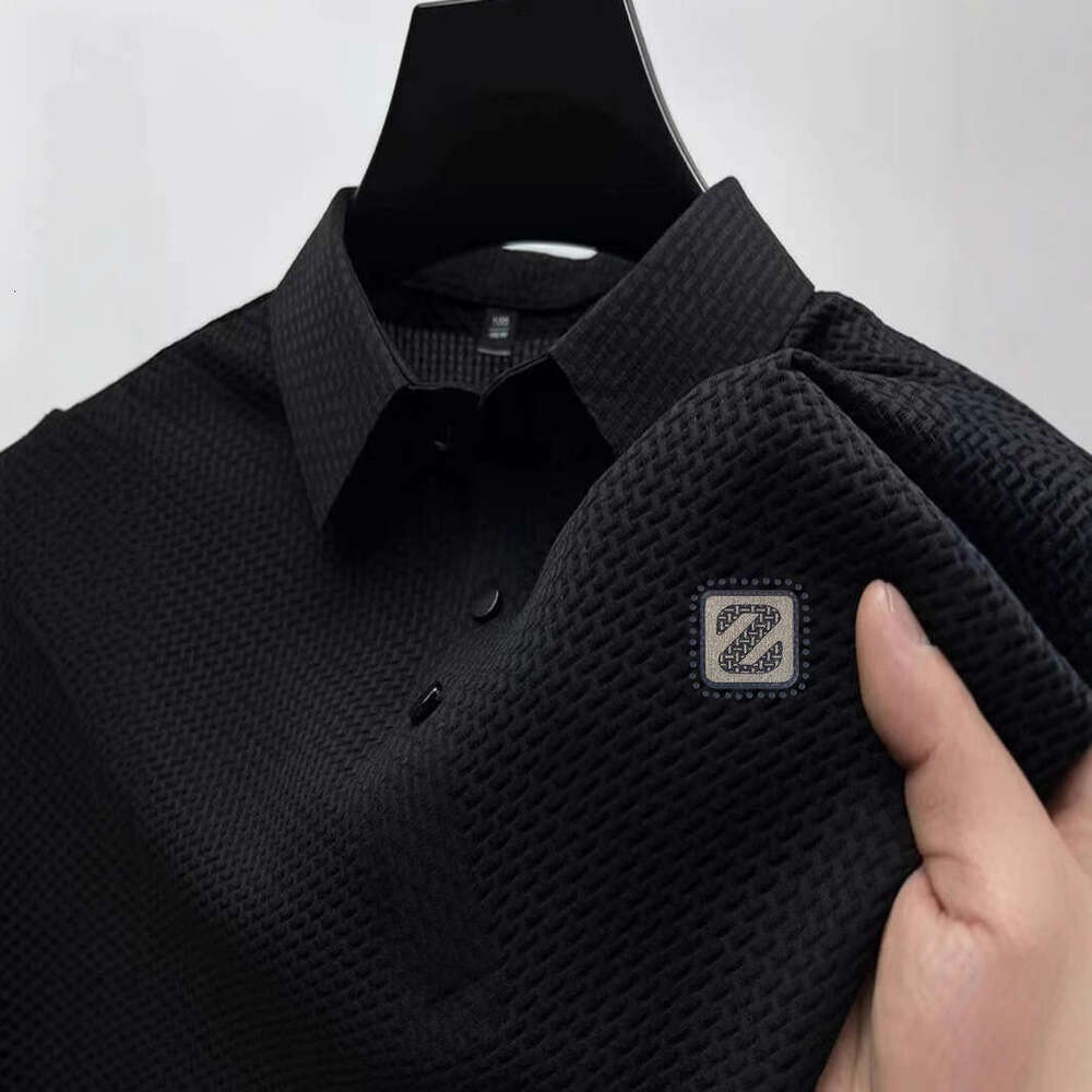 European and American INS Cross-Border High-End Mesh Ice Silk Short Sleeve T-Shirt Men's Shirt Collar Summer Solid Color Polo Breathable Lightwei