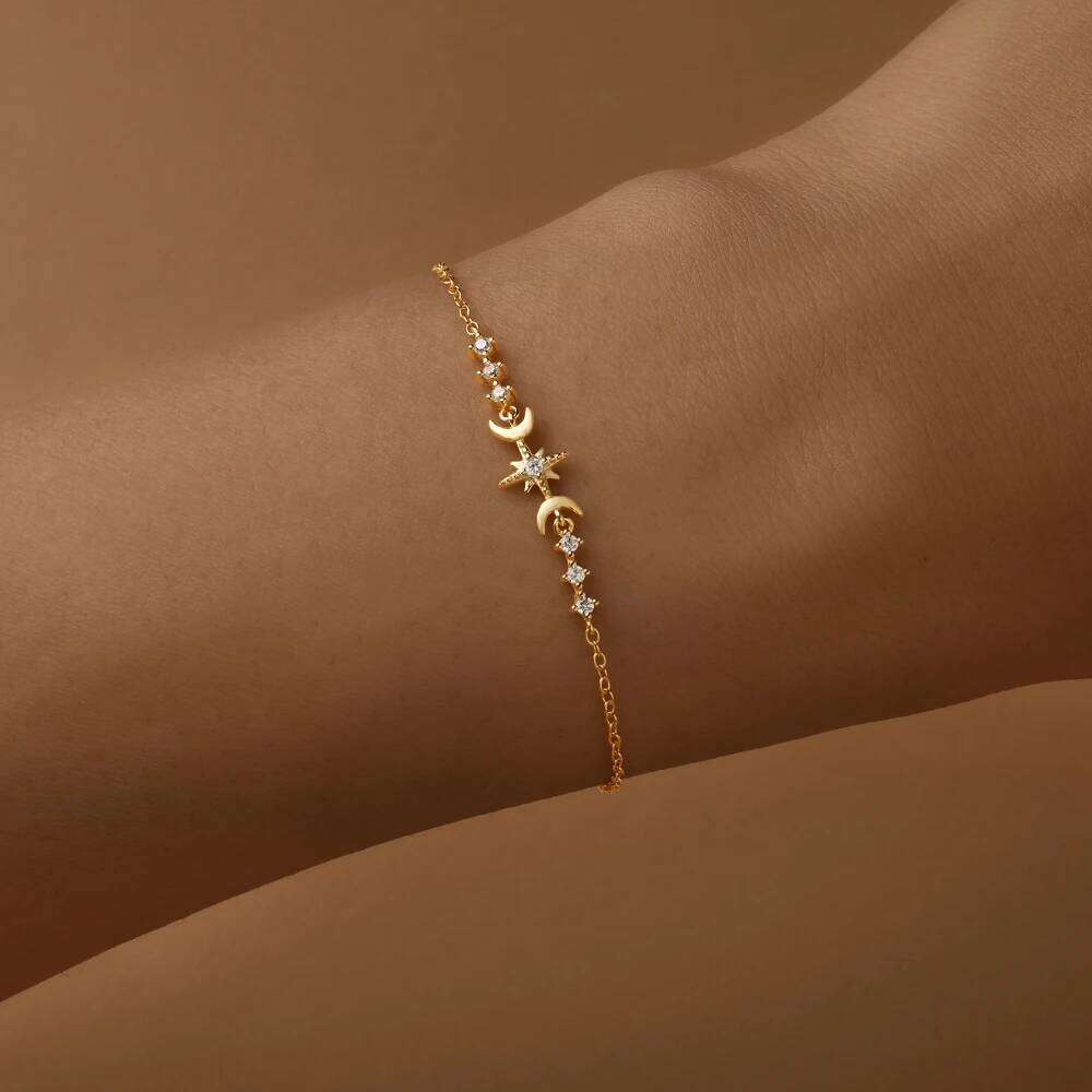 Aide 925 Sterling Silver Star Moon Pendant Girl Trendy Elegant Shiny Zirconia Adjustable Chain Bracelet Women Jewelry