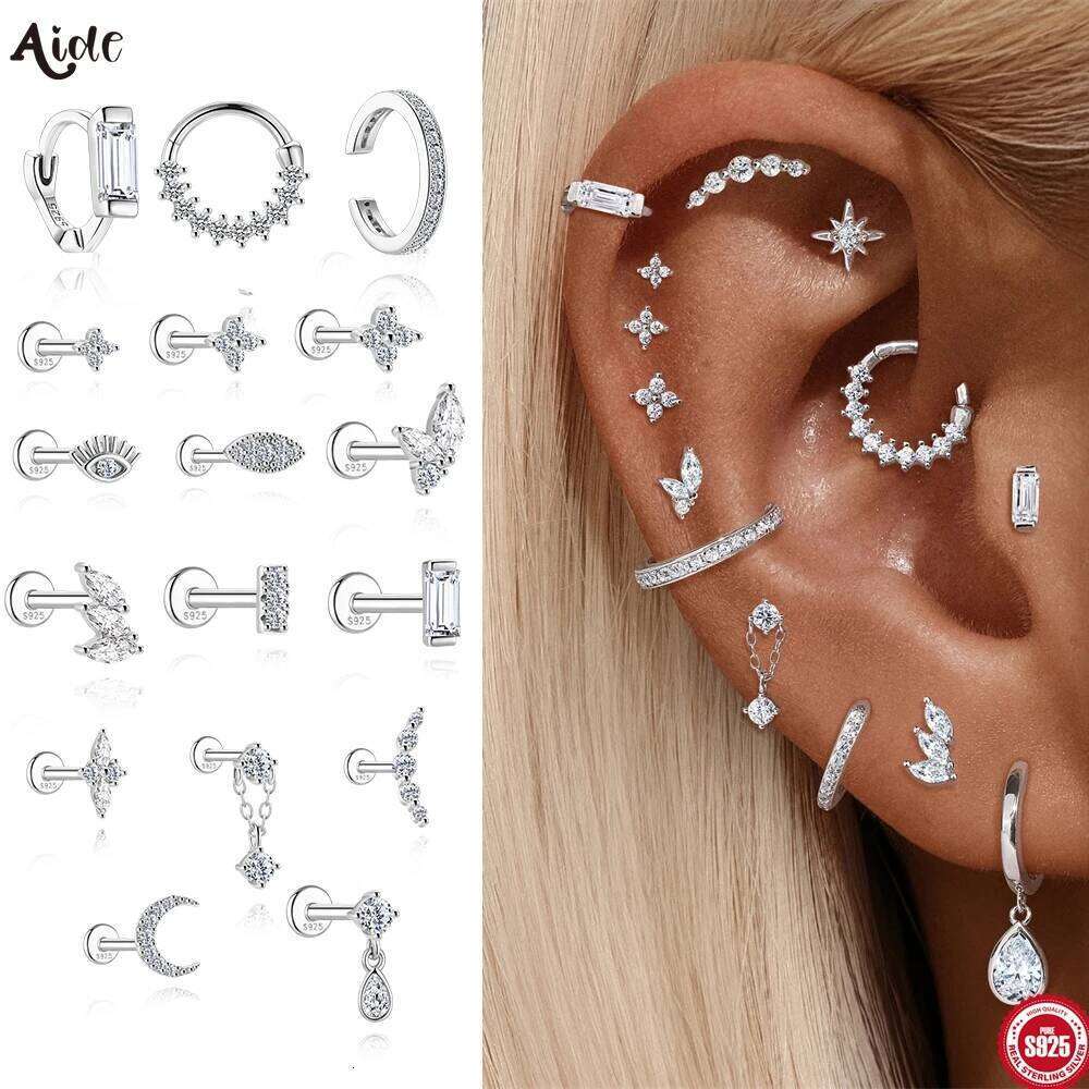Aide S925 Sterling Silver Versatile Fit Moissanite Piercing Jewelry Star Clover Moon Ear Stud Cartilage Hoops for Women