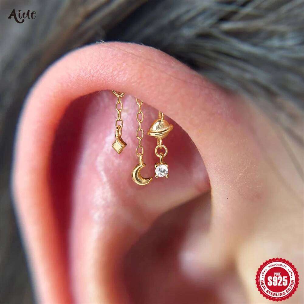 Aide S925 Sterling Silver Zircon Flat Spiral Piercing Earring Tassel Chain Dangle Cartilage Earrings for Women Fashion Jewelry