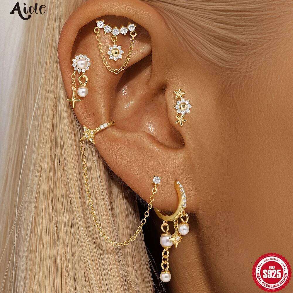 Aide 1PC 925 Silver Helix Cartilage Piercing Earrings For Women Sunflower Pearl Star Exquisite Stacking Stud Jewelry Accessories