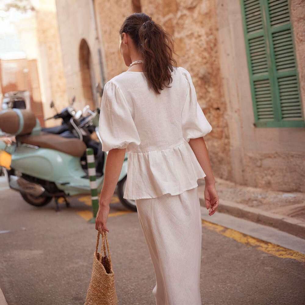 100% Cotton Half Spring Puff Sleeve Shirt + Design Long Skirt Casual Set for Women