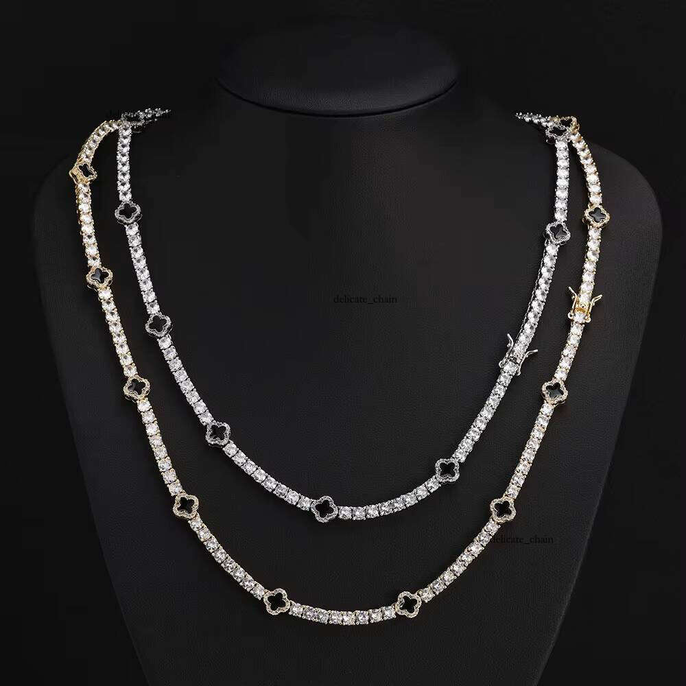 NUOYA Fashion Hiphop Jewelry Four-leaf Clover Tennis Choker Women White Gold Iced Out Cubic VVS Moissanite Chain Necklace