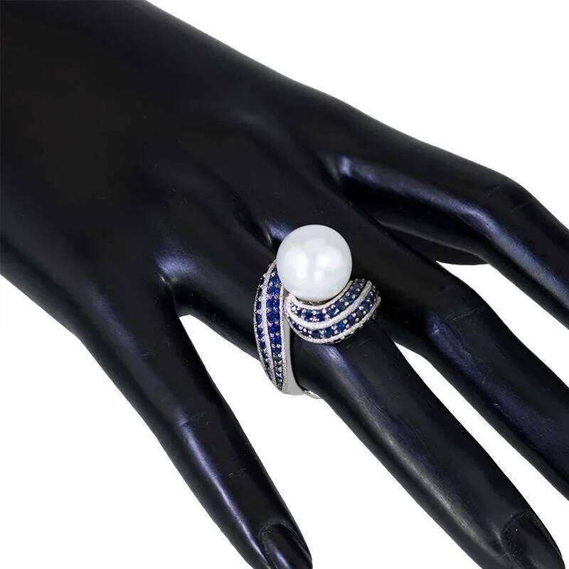 Huitan Hyperbole Personality Women Irregular Shaped Full with Blue CZ Imitation Pearl Wedding Rings Hot Trendy Jewelry