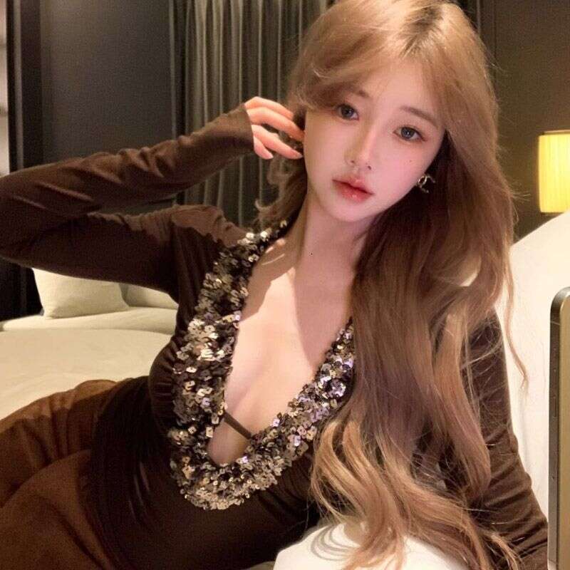 Heavy Sequin Sexy V-Neck Long Sleeve T-Shirt for Women, Autumn Design, Slim Fit, Hot Girl Short Base Shirt Top