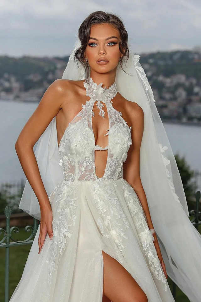 Sexy Boho Wedding Dress For Women Halter Neck Lace Appliques High Split A-Line Tulle Bridal Gown Customized Vestido De Novia