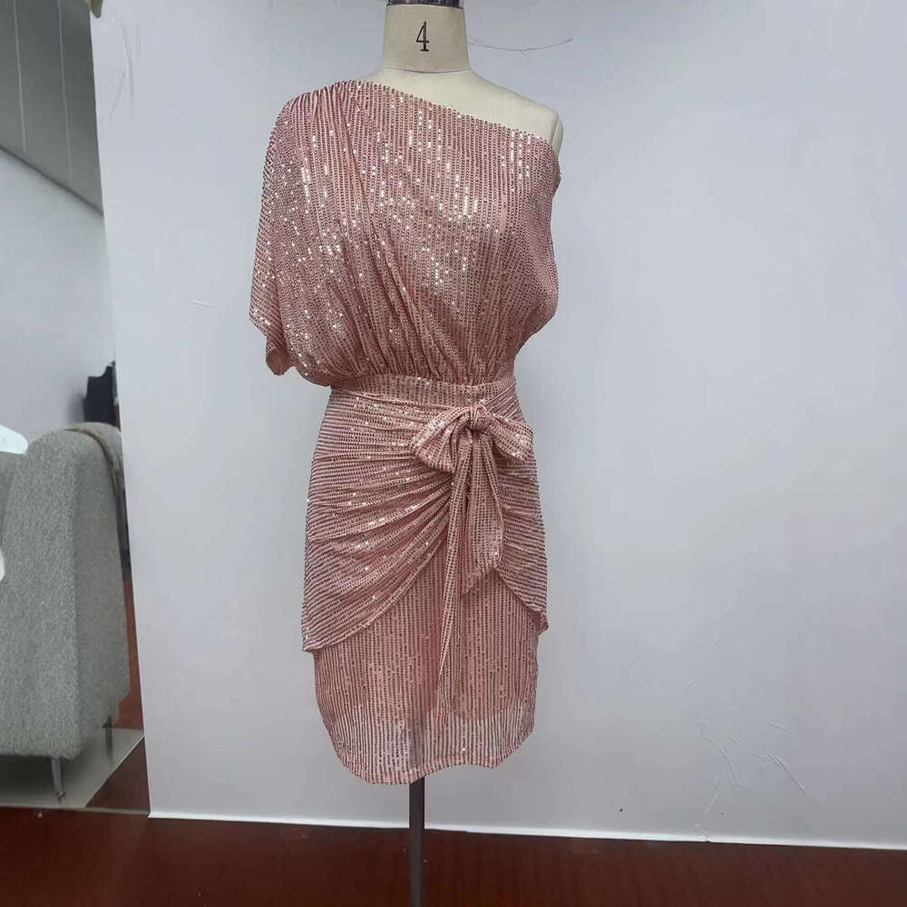European and American Cross-Border Women's Party Club One-Shoulder Ribbon Toast Fashion Trendy Mesh Sequin Dress