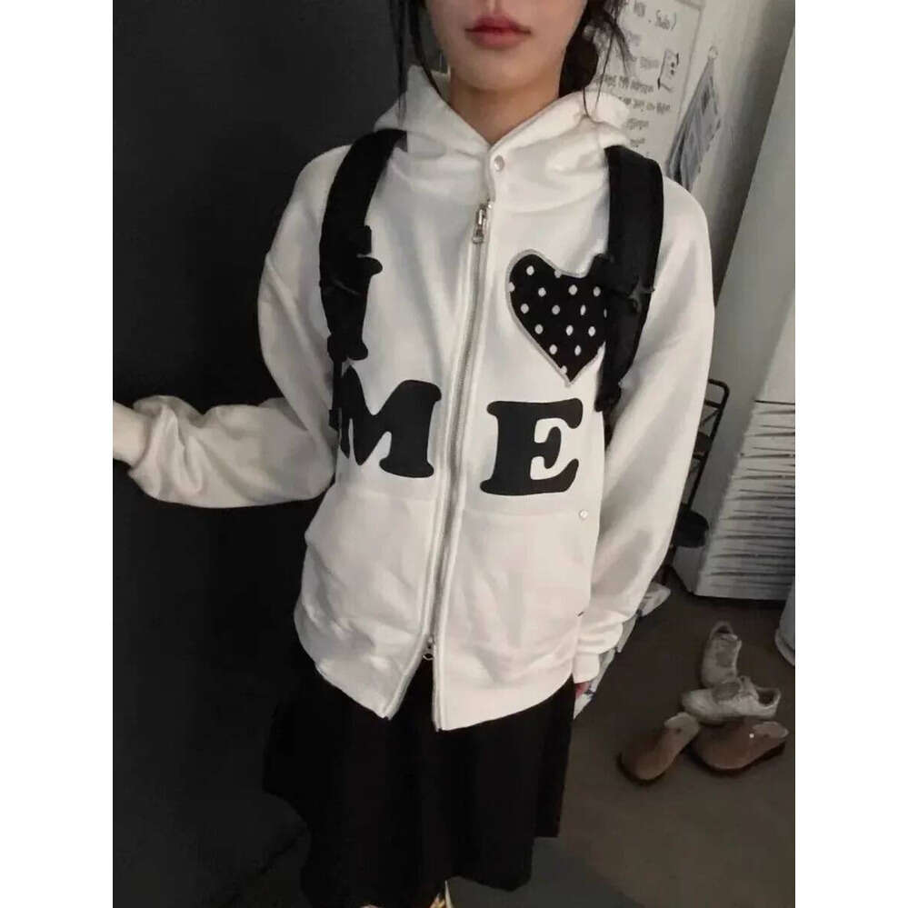 Zhehan Korean Style Retro Fashion Letter Patch Oversized Women's Double Zipper Hoodie Y2K New Harajuku Gothic Casual Joker Sweatshirt