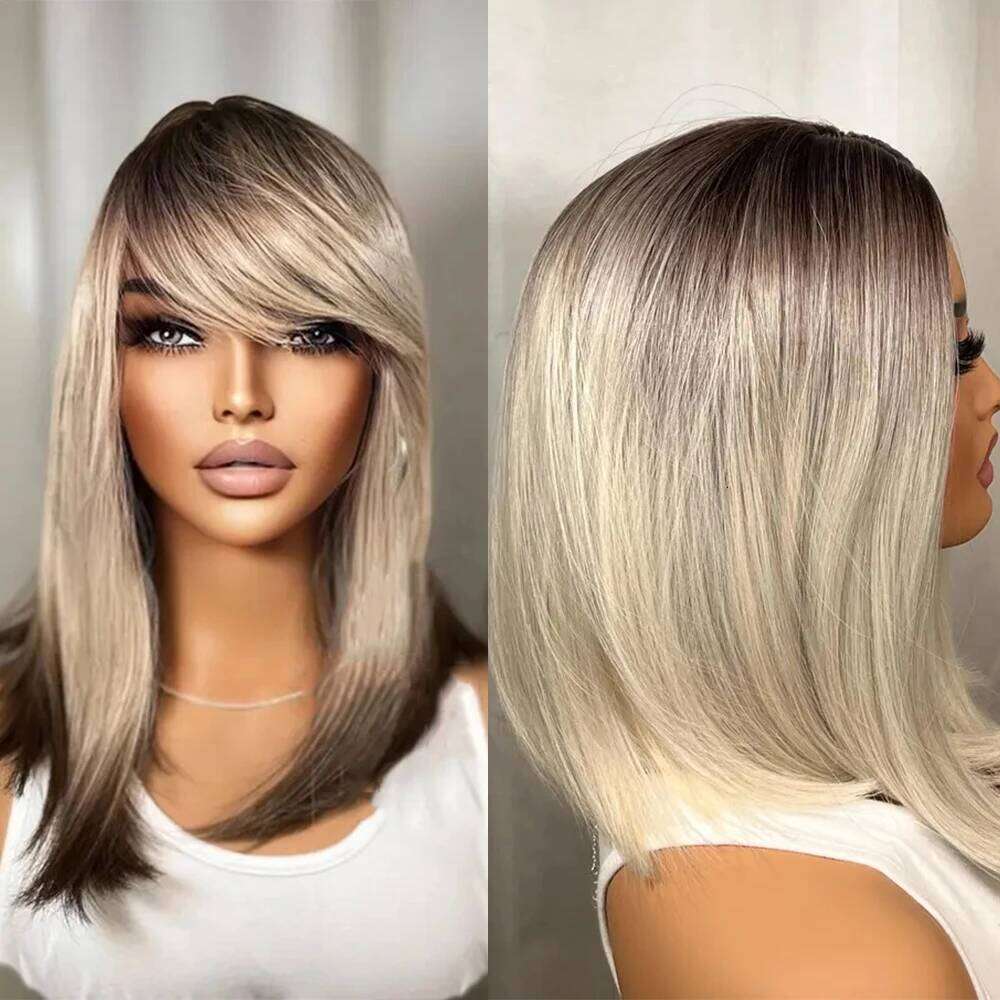 Platinum Blonde Short Dark Roots Premium Heat Resistant Synthetic Fibers Glueless with Bangs Woman Gift Wig