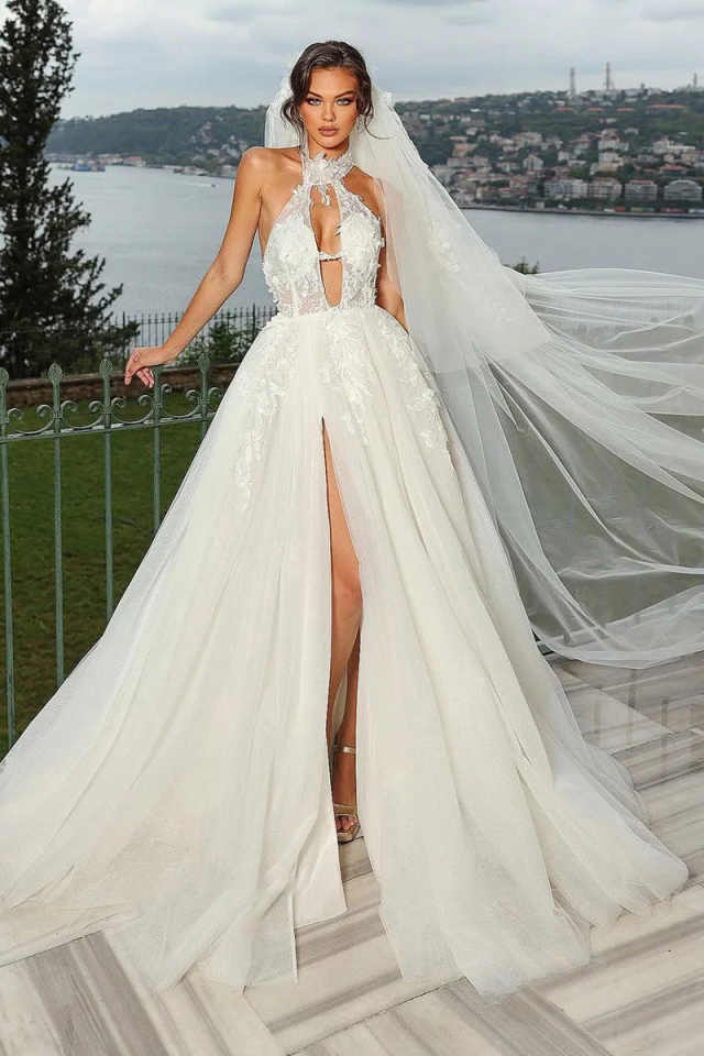 Sexy Boho Wedding Dress For Women Halter Neck Lace Appliques High Split A-Line Tulle Bridal Gown Customized Vestido De Novia