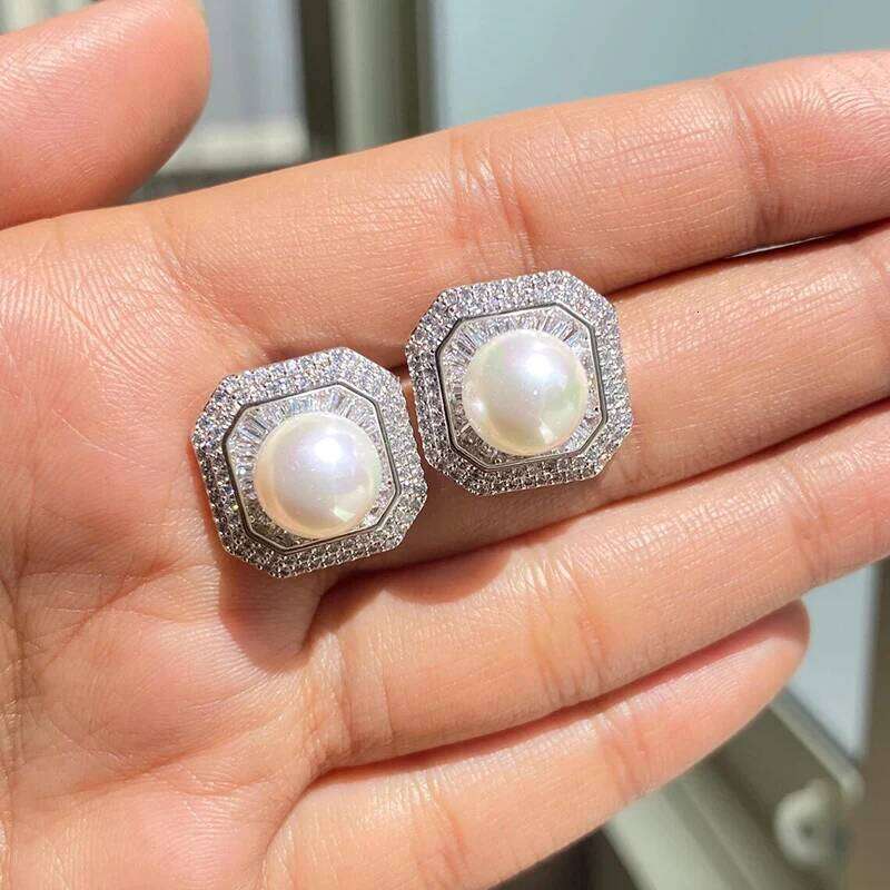 Huitan Gorgeous Square Shaped Stud Earrings with Imitation Pearl Full Sparkling Cubic Zircon Wedding Party Luxury Trendy Jewelry