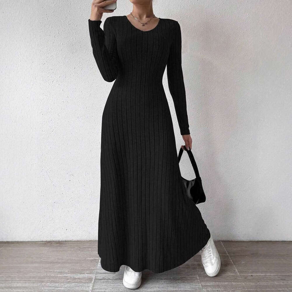 European and American Cross-Border Slim Fashion Women's Knitted Solid Color Sleeve A-Line Street Long Dress for Women