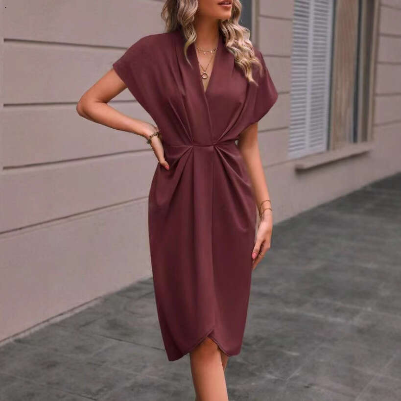 2026 European and American Cross-Border Foreign Trade V-Neck Elegant Irregular Sleeve Solid Color Floral Wrap Dress