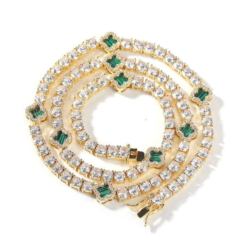 VVS Moissanite Fashion Women's 4mm Brass Green Agate Iced Lucky Four-Leaf Clover CZ Tennis Valentine's Day Bracelet