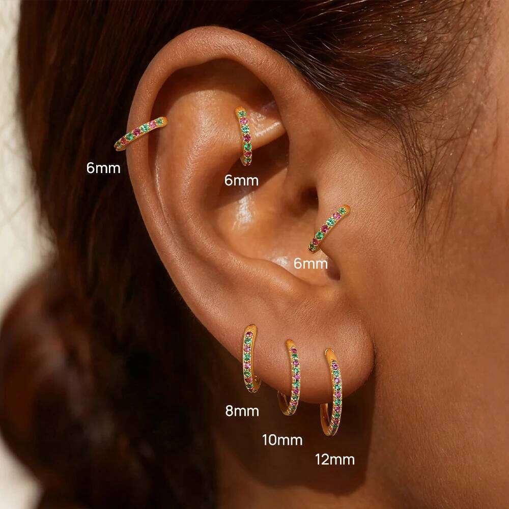 Aide S925 Sterling Silver Single Colorful Row Zircon Hoop Earrings 6/8/10/12mm Versatile Fashion Cartilage Hoops for Women Jewel