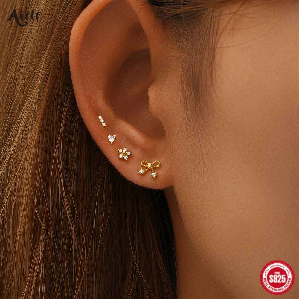 Aide 925 Sterling Silver 4pcs Set Heart Bow Flower Inlaid Zircon Piercing Stud Earrings For Women K Gold Bohemian Sweet Jewelry
