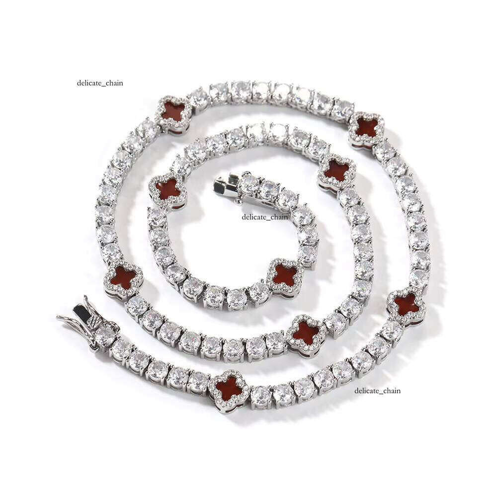 VVS Moissanite Hot-Selling New Brass 4mm Iced Straight Pull Elegant Black Four-Leaf Clover Tennis Chain Necklace Fashion Women's Jewelry