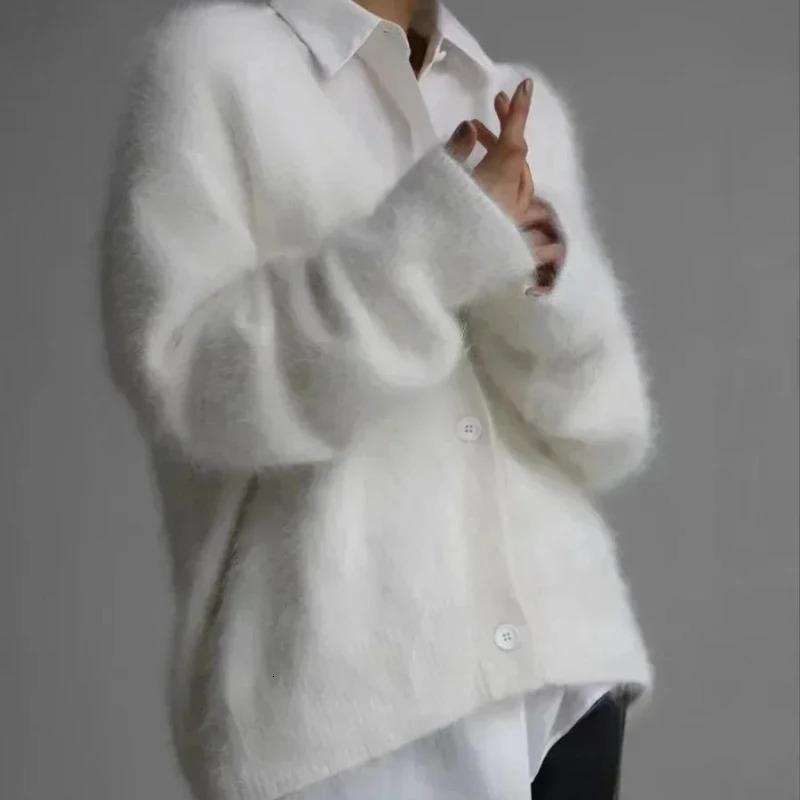 Korean Fashion Womens Vneck Cardigans Solid Knitted Long Sleeve Oversized Sweater with Buttons Female Coat Jacket 251229