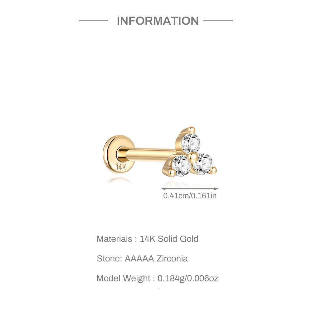 Aide Real 14K Solid Gold Multiple Sizes Colors Petal Zircon Stud Earring 1Piece Piercing Bone Vintage Ear Studs DIY Jewelry