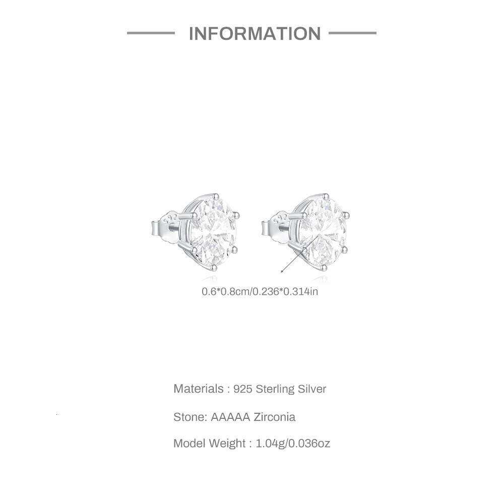 Aide Ear Stud Earrings for Women Girls 925 Sterling Silver Sparkling 6-Claw Diamond Elliptical Piercing Earring Fine Jewel 1pair