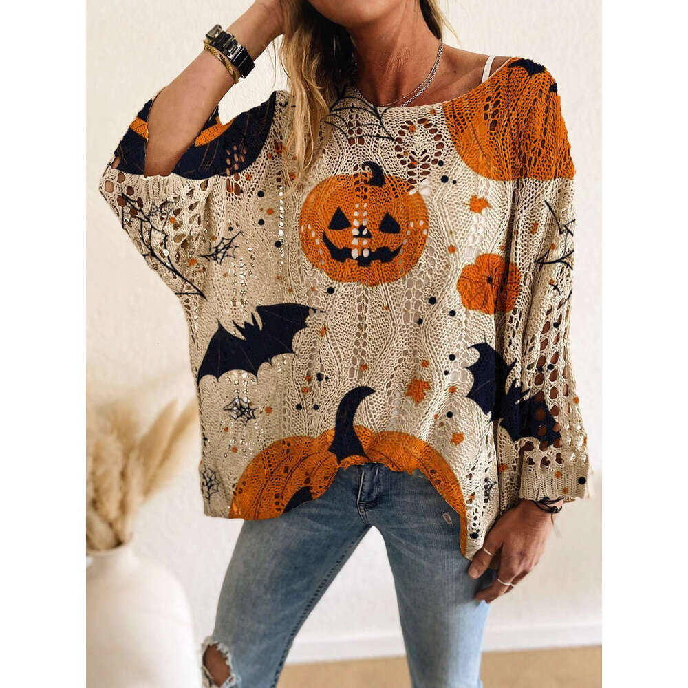 Spring Summer Autumn Four Seasons Off-Shoulder Diamond Hollow Pumpkin Bat Halloween Print Long Sleeve Women's Casual Premium