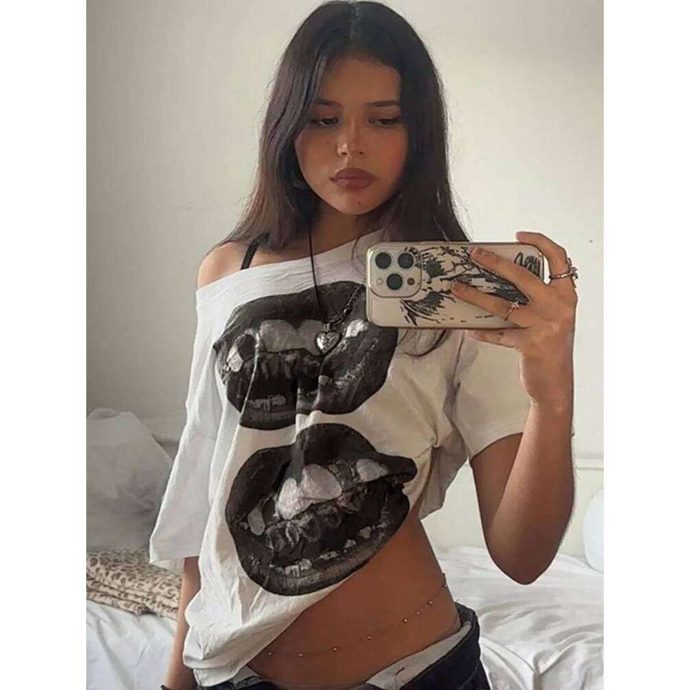 American Street Hip Hop Mouth Print Loose T-shirt Women Personalized Casual Top