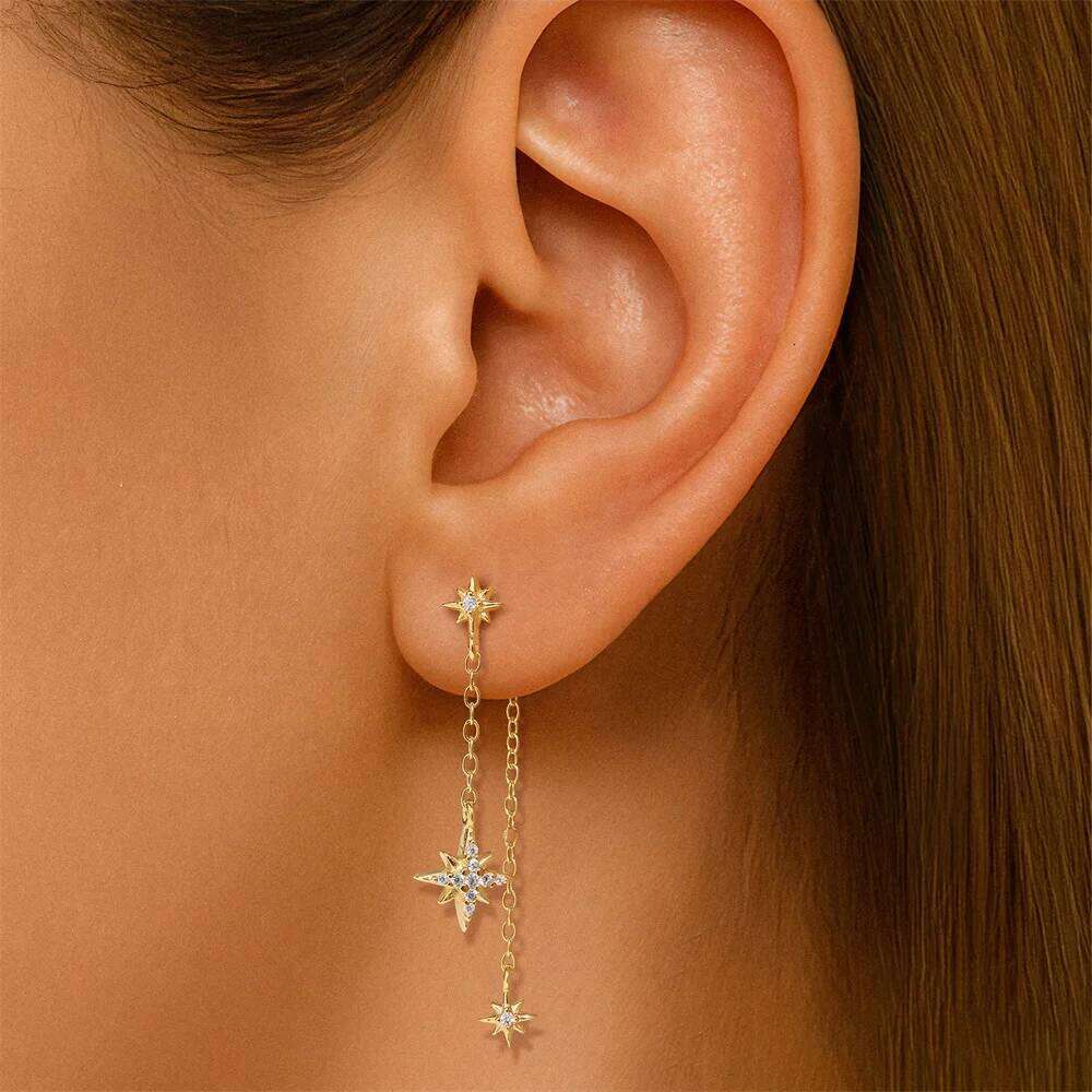 Aide 925 Sterling Silver 1pc Mini Zircon Tassel Long Chain Dangling Stud Earring For Women Minimalist Elegant Jewelry Party Gift