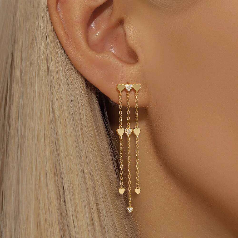 Aide 1pc 925 Sterling Silver Genuine Three Golden Love Heart Long Chain Drop Earring for Women Korean Ear Line Jewel