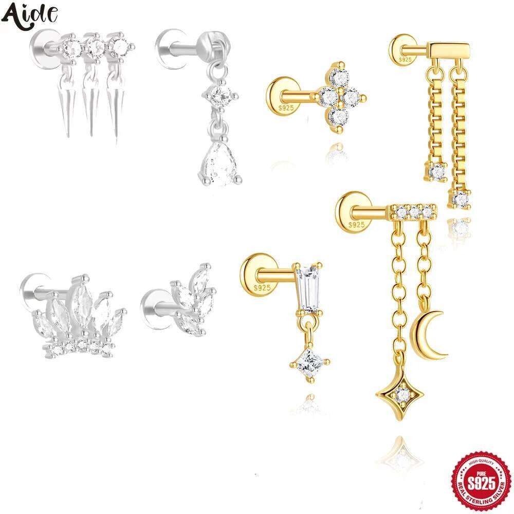 Aide 1PC 925 Sterling Silver Love Heart Star Chain Tassel Piercing Threaded Blinging Zircon Stud Earring For Women Jewelry Gifts
