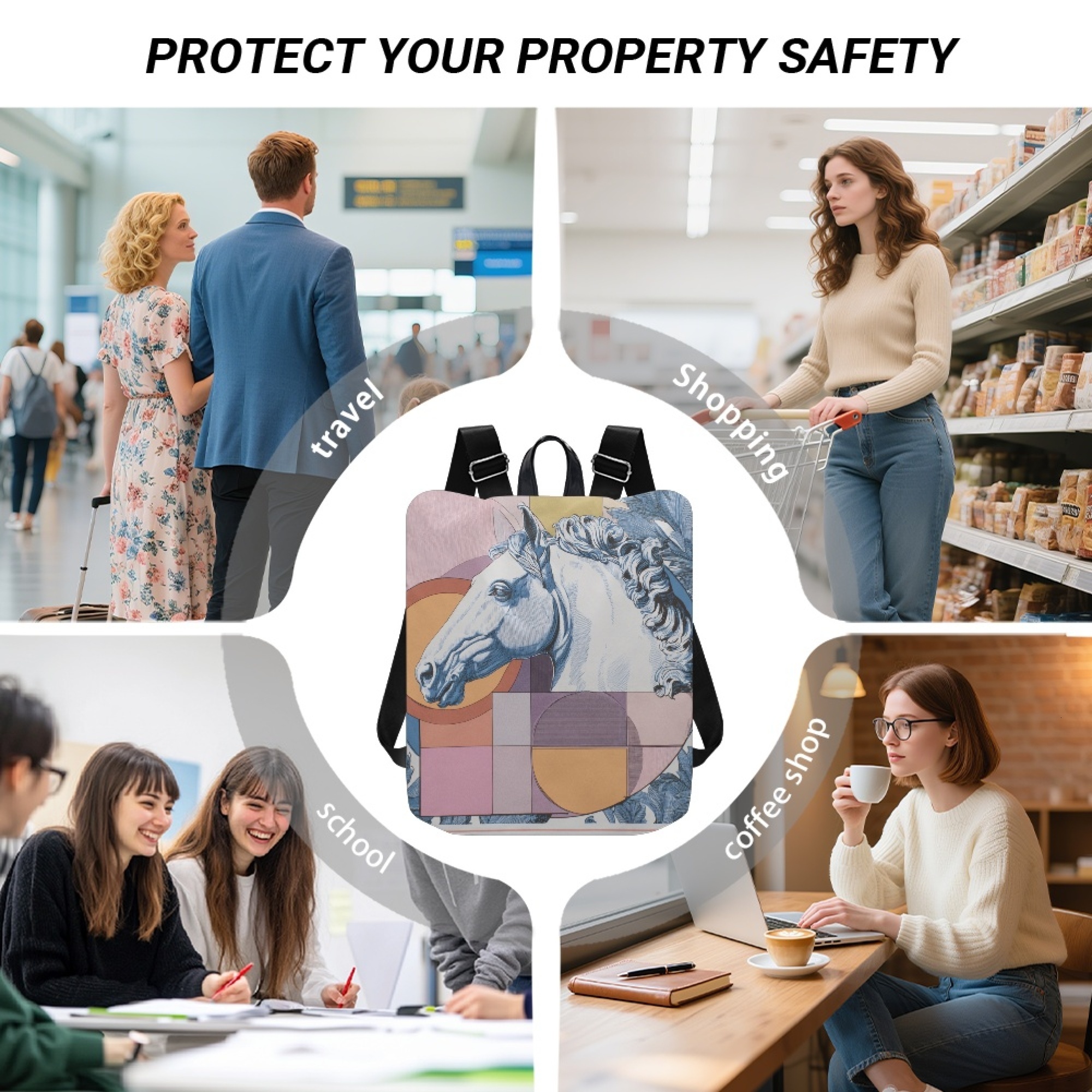 Custom H Designer Fashion Anti Theft Backpack Luxury Horse Pattern Unisex Full Print Backpack Laptop Bag Travel Bag H43