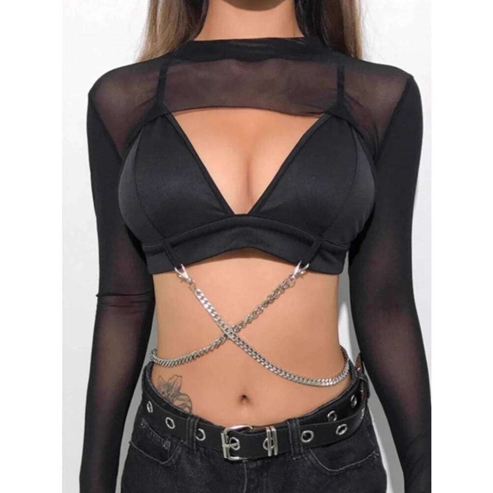 Hot Summer Sexy Ultra Short Perspective Round Neck Long Sleeve Solid Color Transparent T-shirt Women's Top