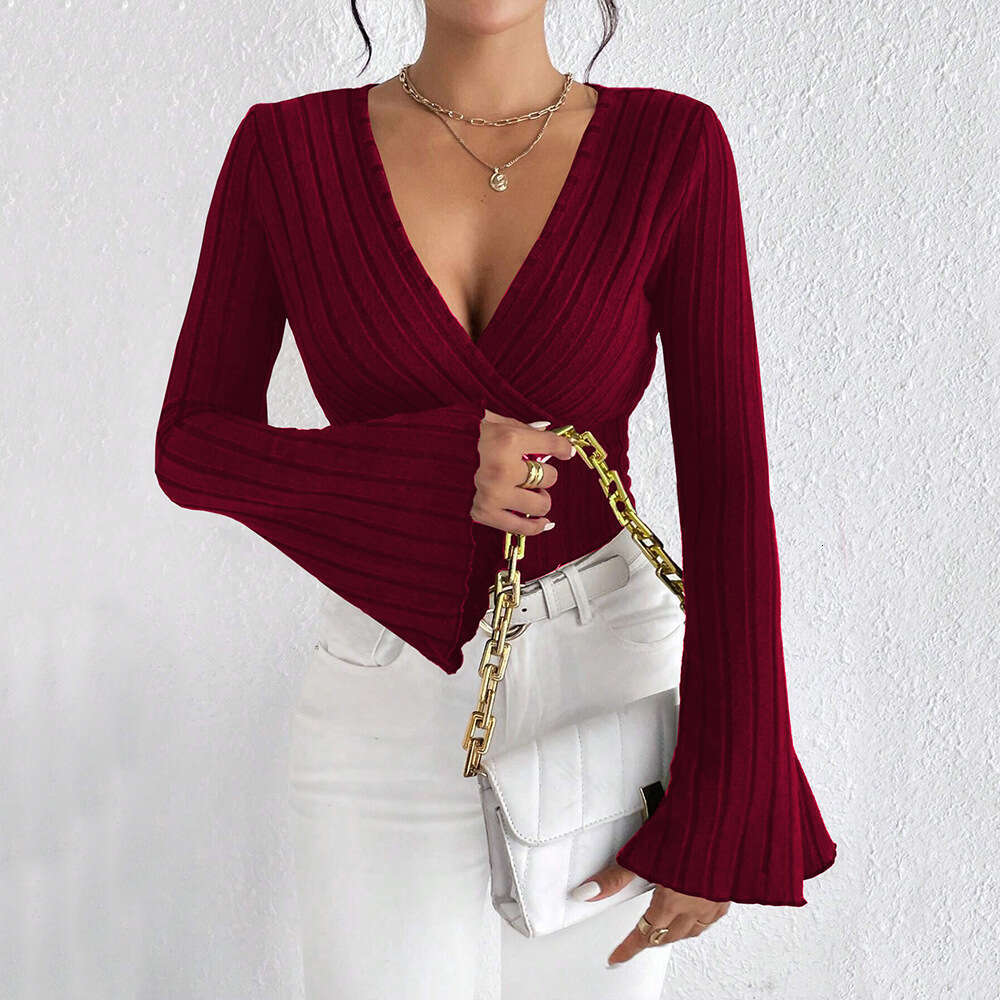 2026 New Cross-Border Women's European and American V-Neck Flared Sleeve Burgundy T-Shirt Autumn Winter Slim Fit Base Shirt Top