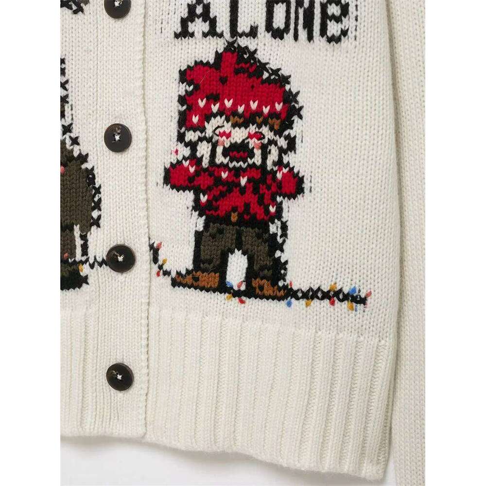 Women's Jacket Winter New White Long-Sleeve Home Alone Print Christmas Knit Cardigan Fashionable Style