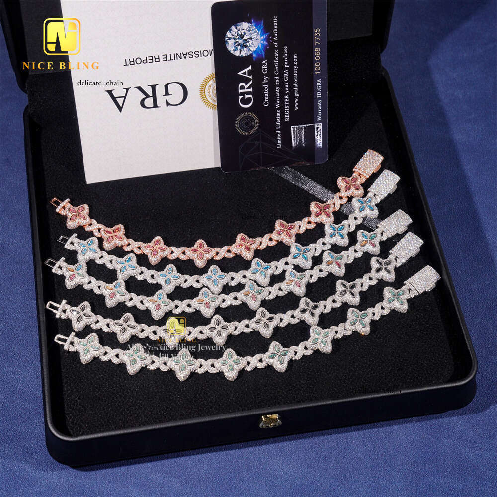 HOT SELLING 15mm Colorful Flower Bracelet Ready Stock Hip Hop Fancy Diamond Cuban Link Chain VVS Moissanite 925