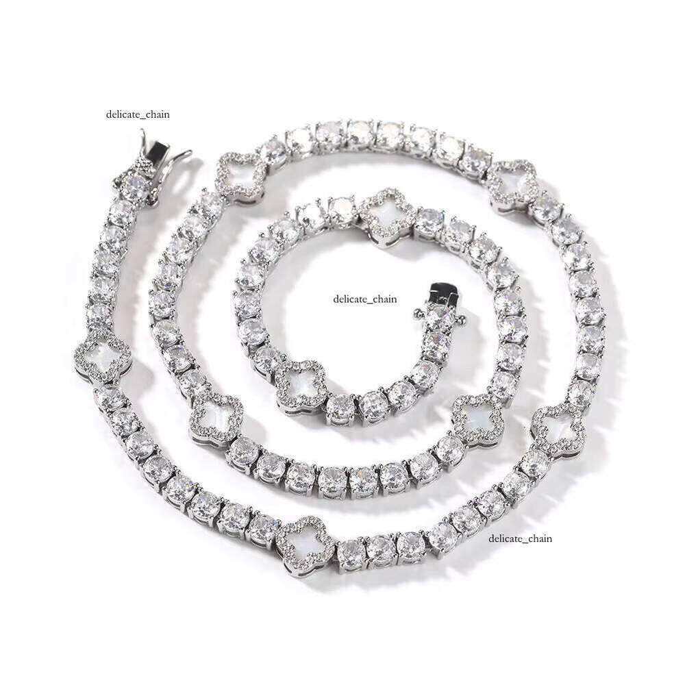 VVS Moissanite Four-leaf Clover Necklace 3mm 4mm Platinum Plated Straight Tennis Chain Unisex Jewelry