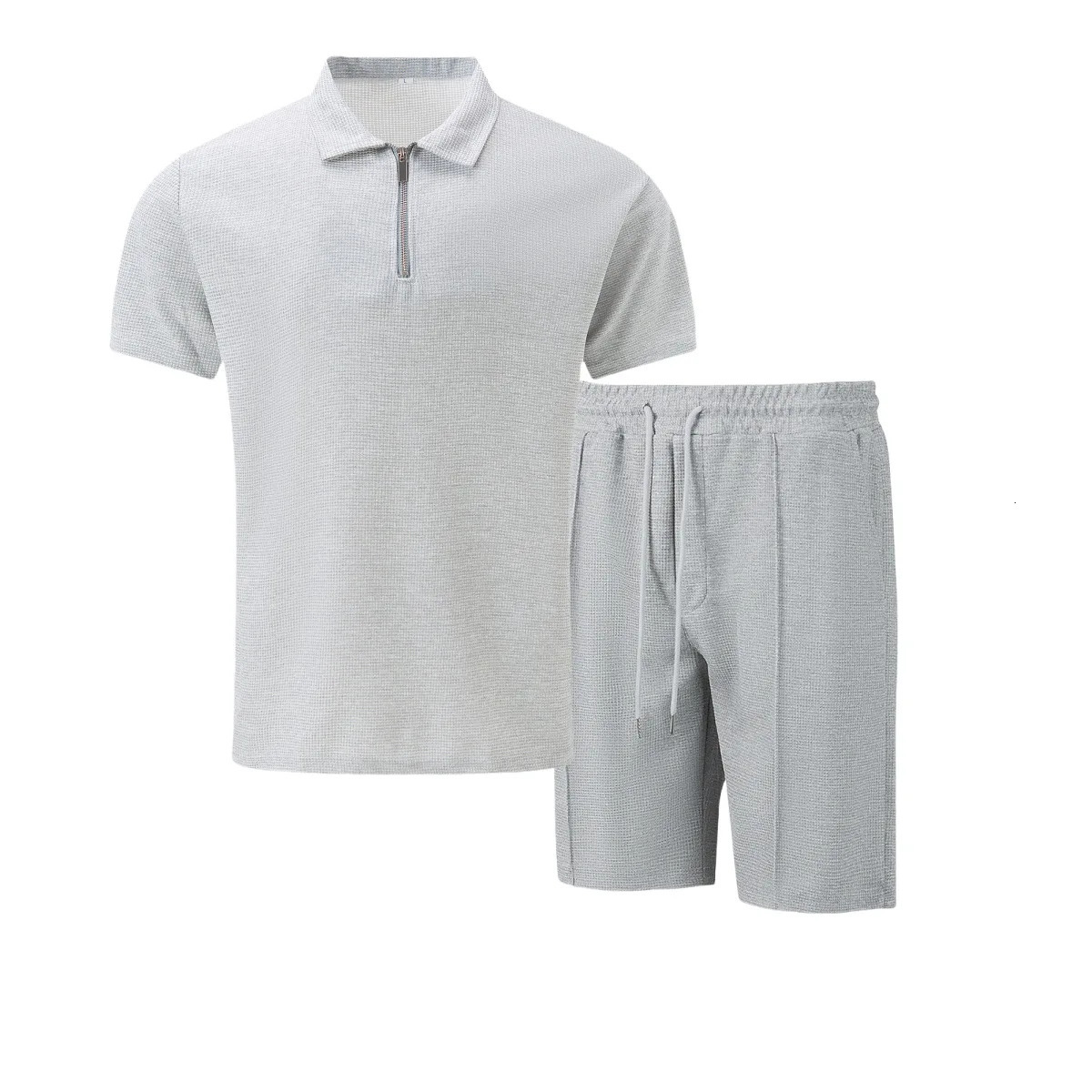 Summer Men Suits Solid Color Waffle Lapel SlimFit Casual Fashion ZipUp Short Sleeve Shirts Suit Shorts Two Sets 251230
