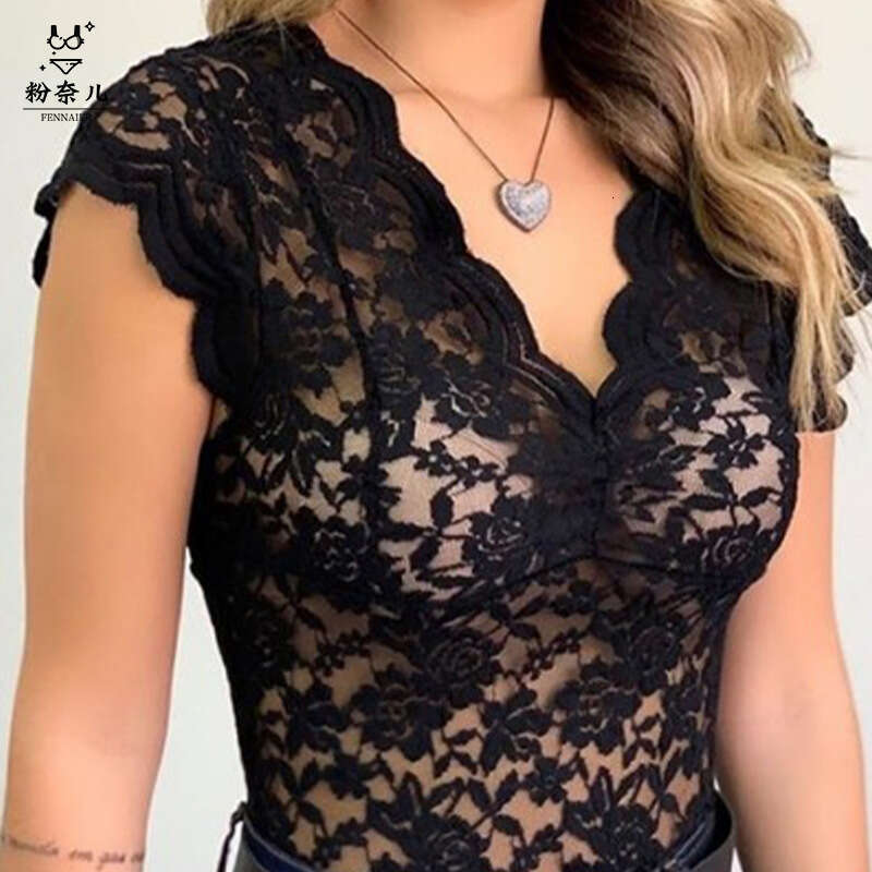 2026 New Lace Trim V-neck T-shirt Sexy Sheer Top B3067