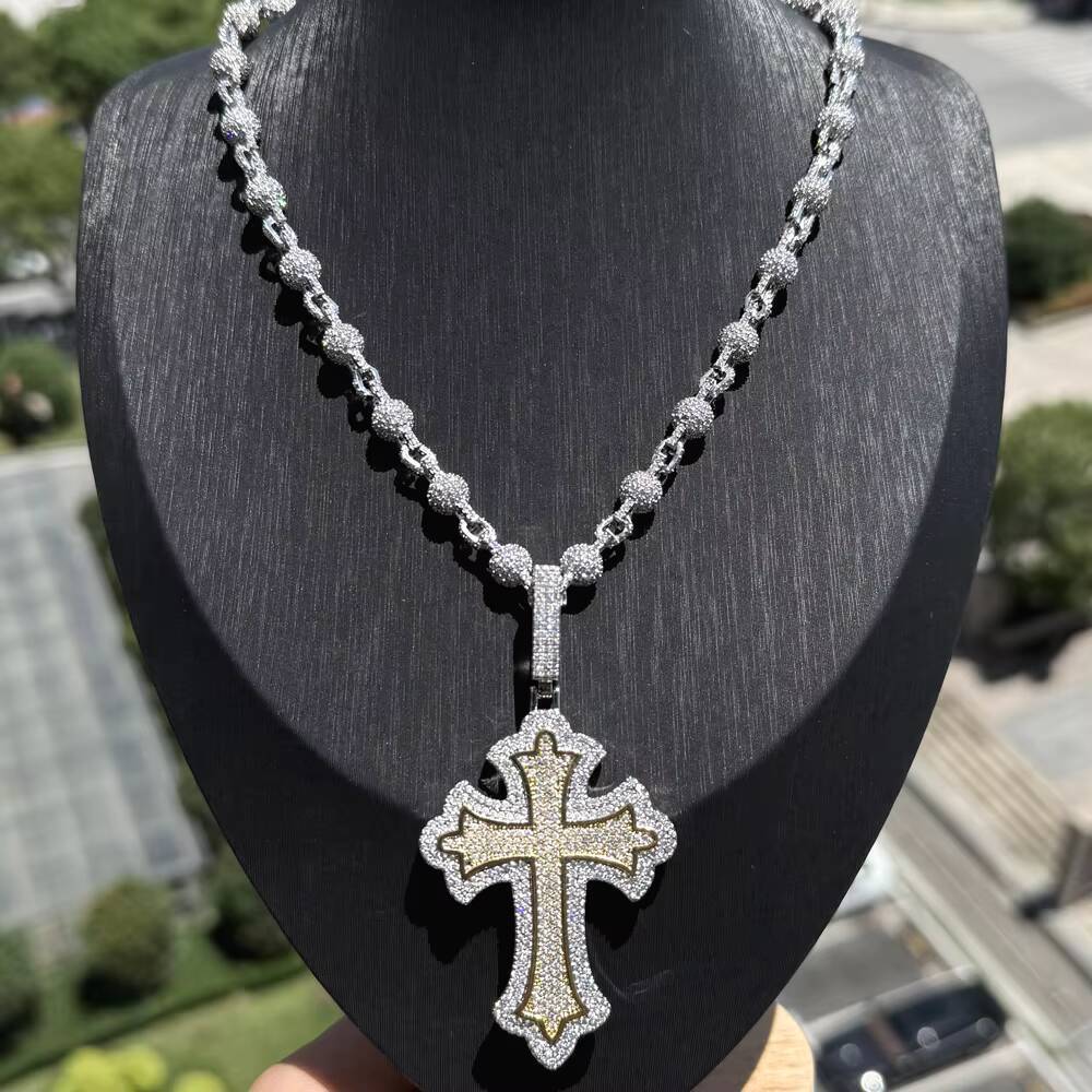 Two Tone Gold Plated S925 Moissanite Cross Pendant Necklace Cuban Chain Paved Charms Buddhism Jewelry Mens Anniversary