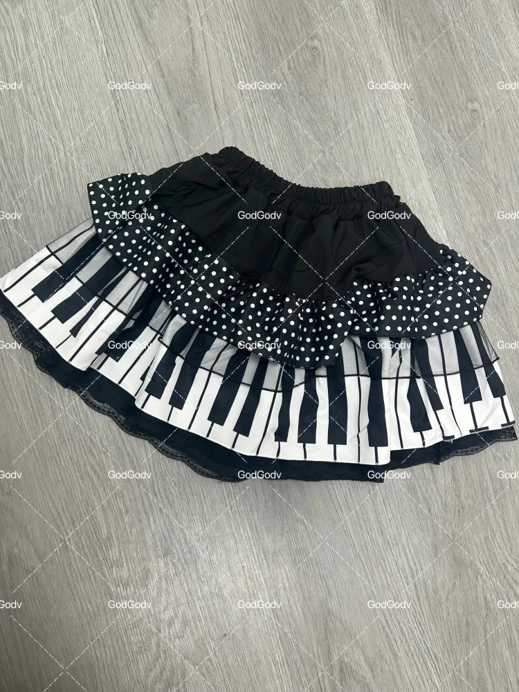 American Vintage Black White Piano Keys Skirts Y2k Slim Waist Ruched Aline Skirt Women Summer Korea Style Chic Mujer 251231