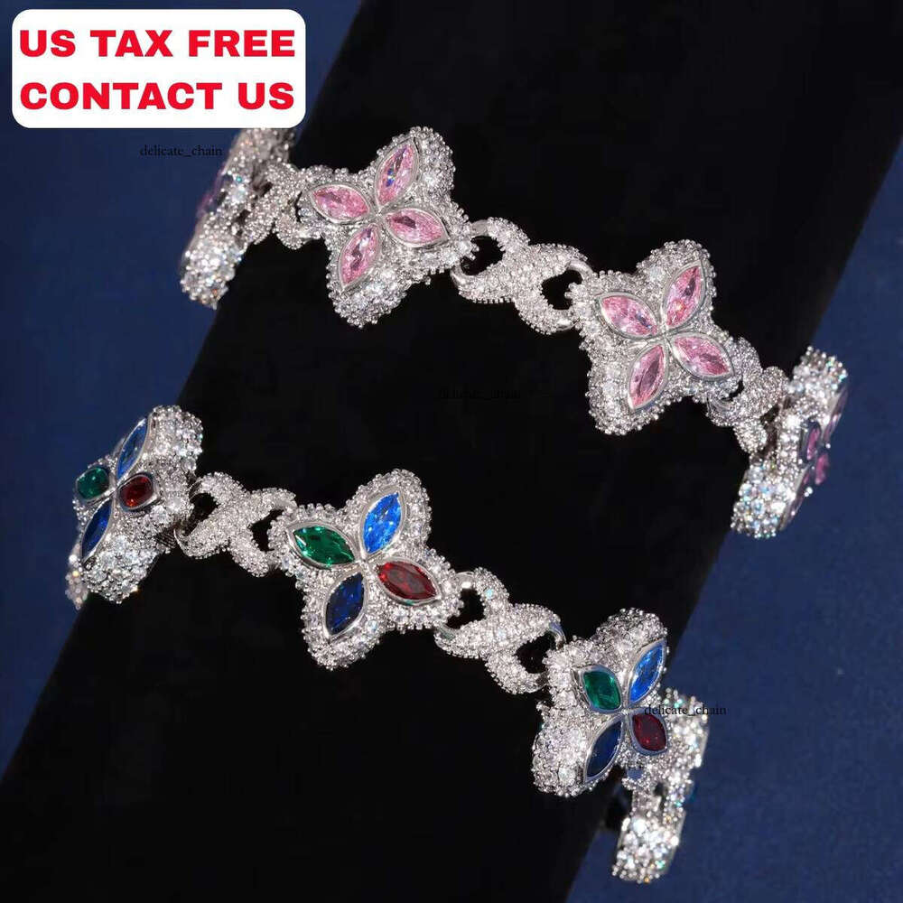 2025 New Hip-Hop Pink White Colorful Clover Bracelet Necklace Brass Iced Flower 5A Zircon Cuban Men's Chain